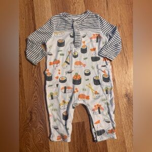 Angel Dear White & Gray Striped-Sleeve Sushi Print Footie